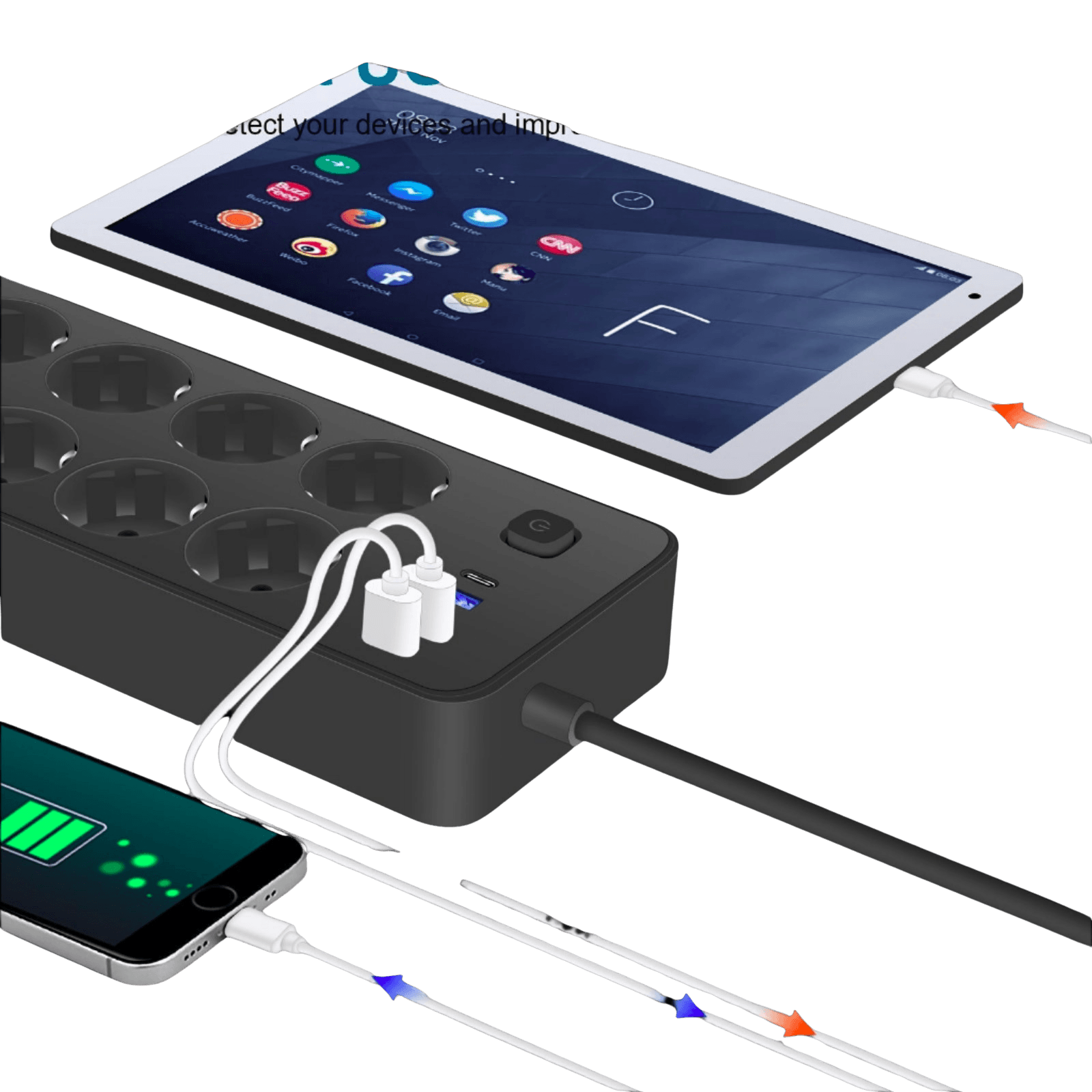 8-Outlet Power Strip with 3 USB Ports & Type-C Interface 180cm - TKINGS