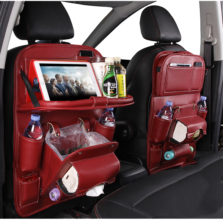 Leather Car Storage Bag Multifunction Seat Back Tray Hanging