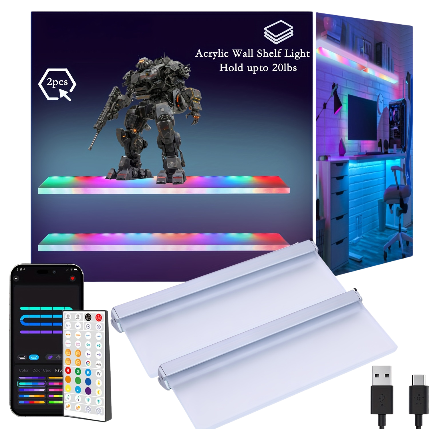 Floating Shelf with RGB AI Light, Work with App and Remote Control