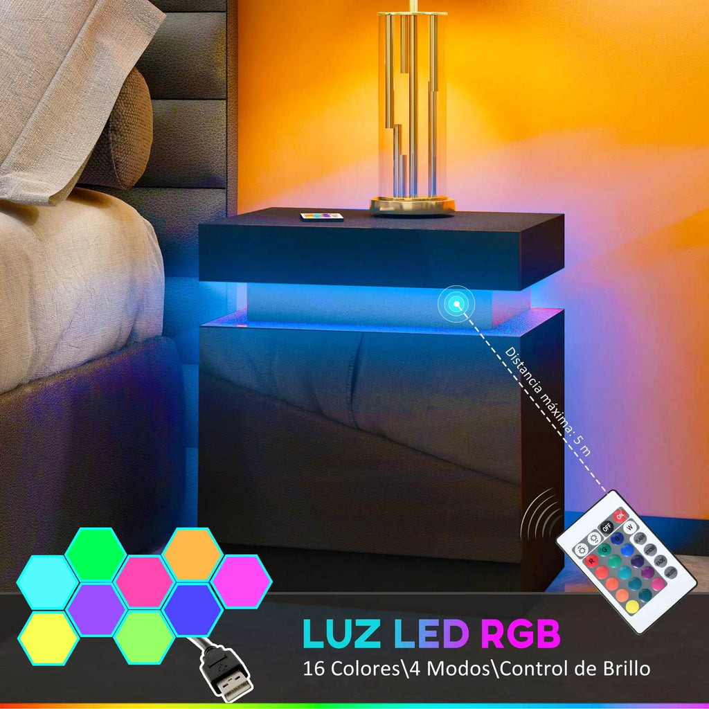 Homcom Bedside Table with Led Lights 2 Drawers and Remote Control 45X35X52Cm - TKINGS