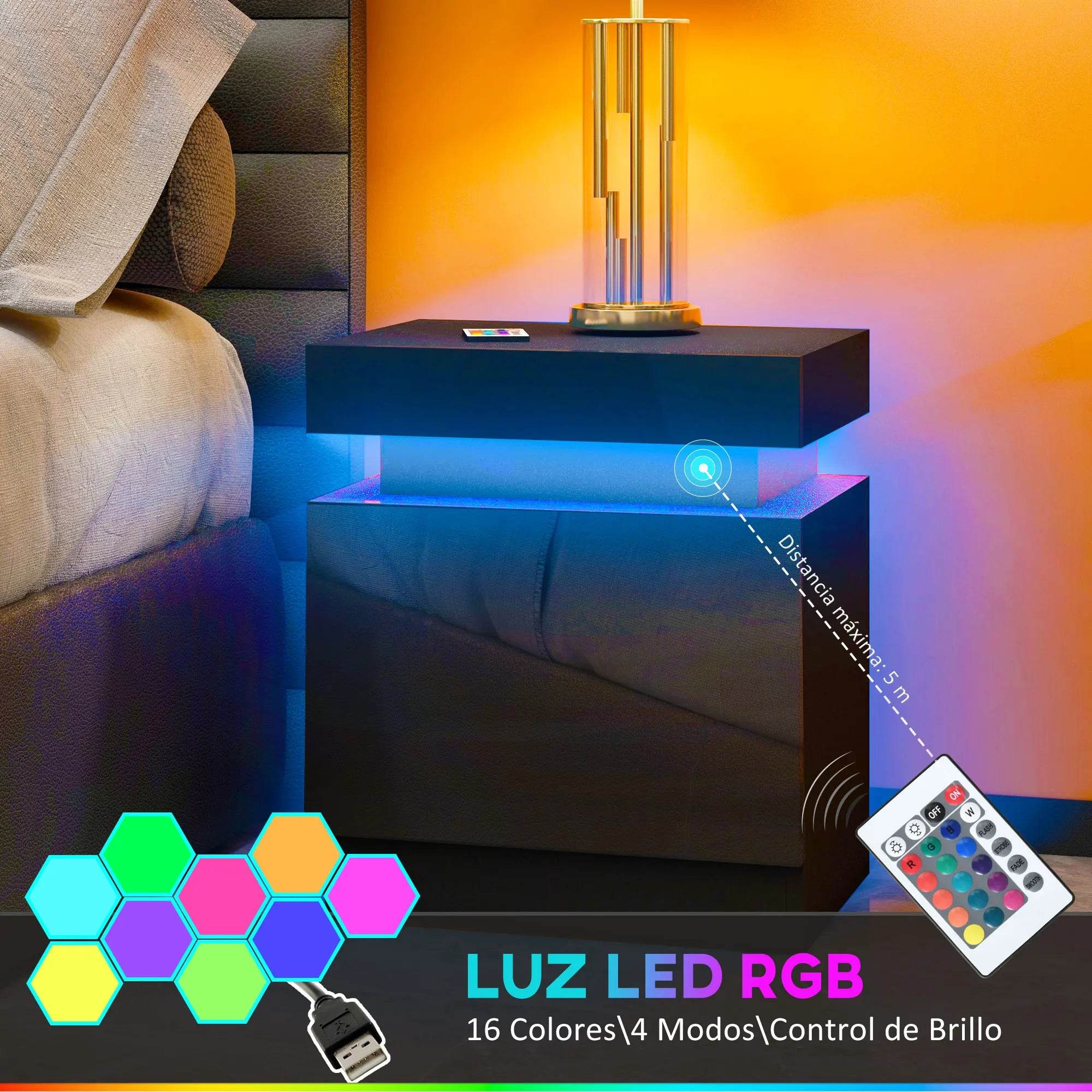 Homcom Bedside Table with Led Lights 2 Drawers and Remote Control 45X35X52Cm - TKINGS