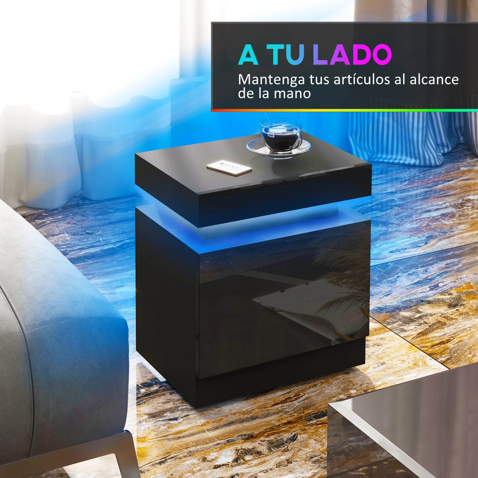 Homcom Bedside Table with Led Lights 2 Drawers and Remote Control 45X35X52Cm - TKINGS
