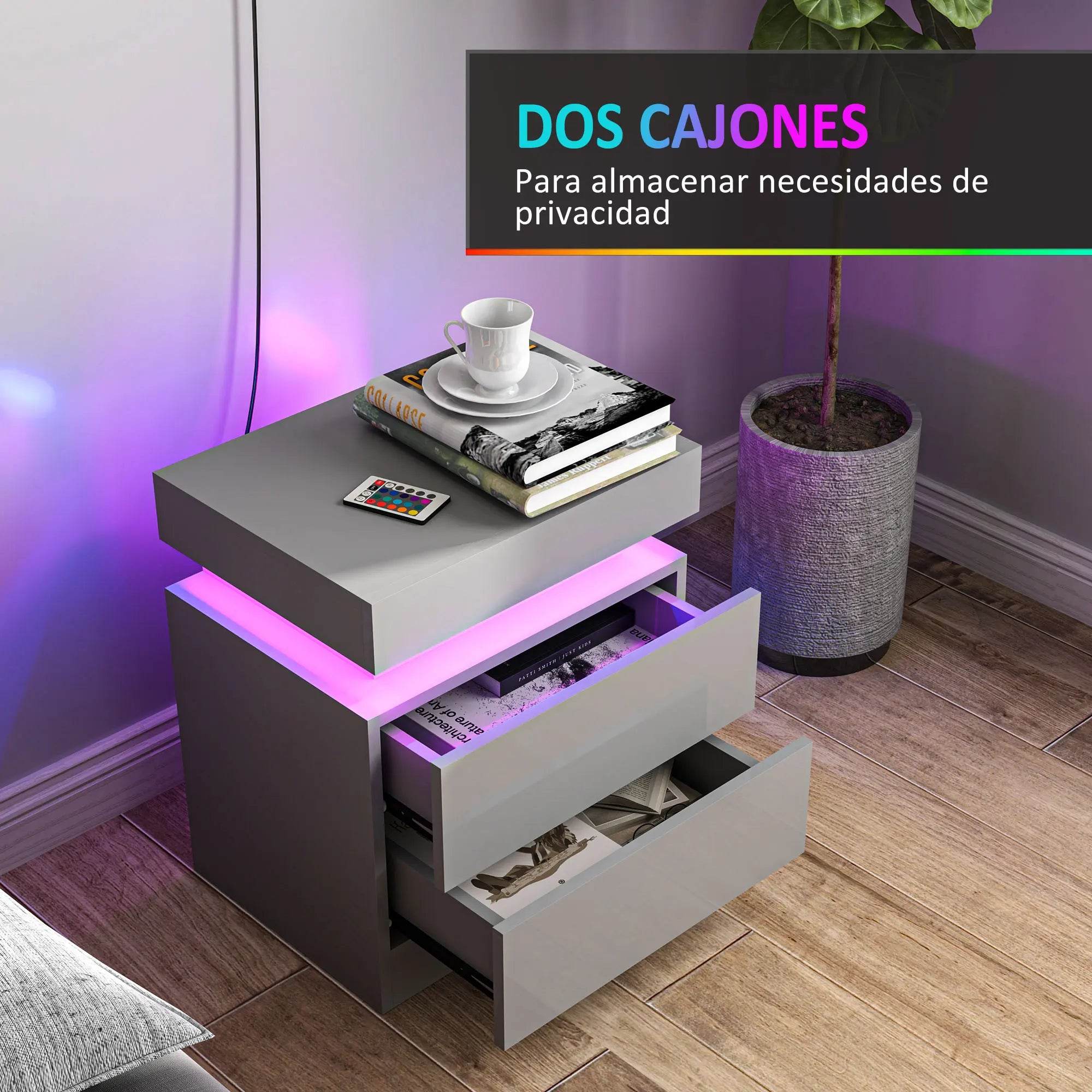 Homcom Bedside Table with Led Lights 2 Drawers and Remote Control 45X35X52Cm - TKINGS
