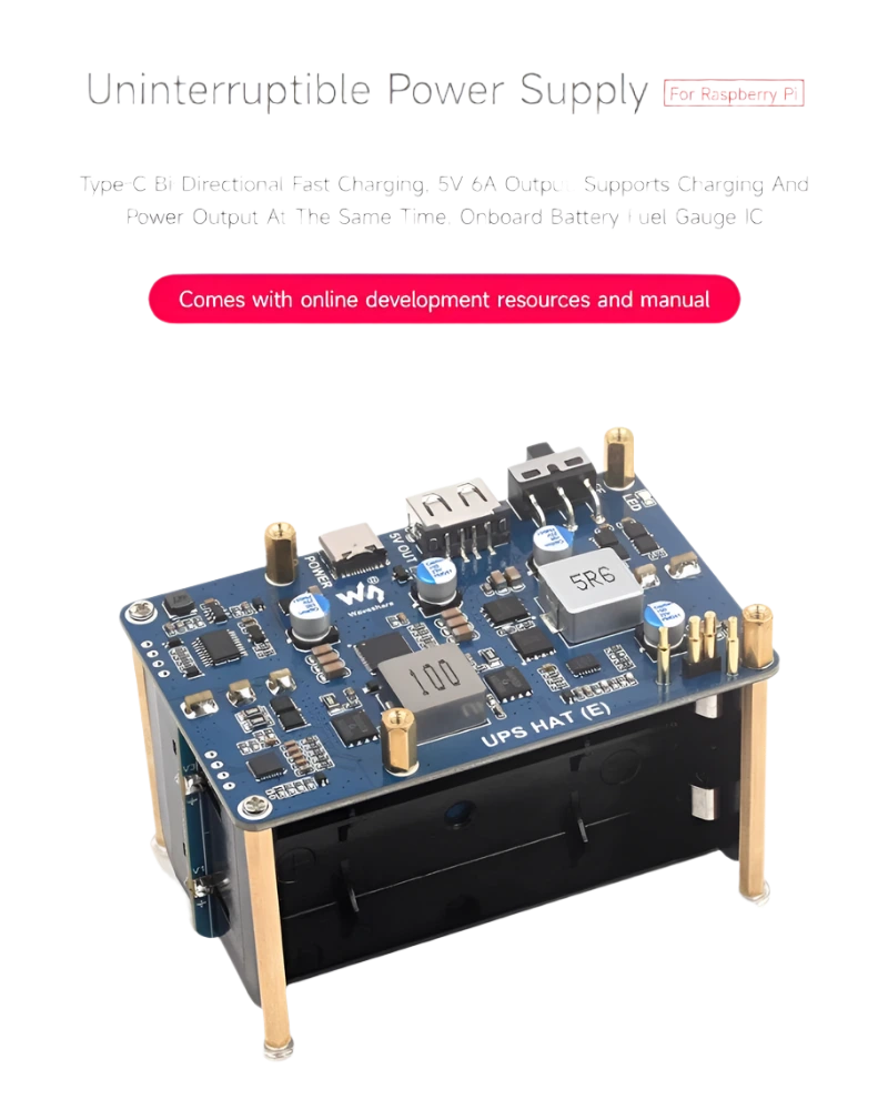 Raspberry Pi 5 UPS HAT (E) 4-Port 5V 6A Uninterruptible Power Supply - TKINGS