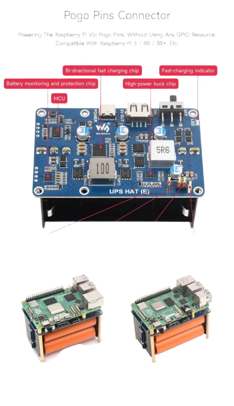 Raspberry Pi 5 UPS HAT (E) 4-Port 5V 6A Uninterruptible Power Supply - TKINGS