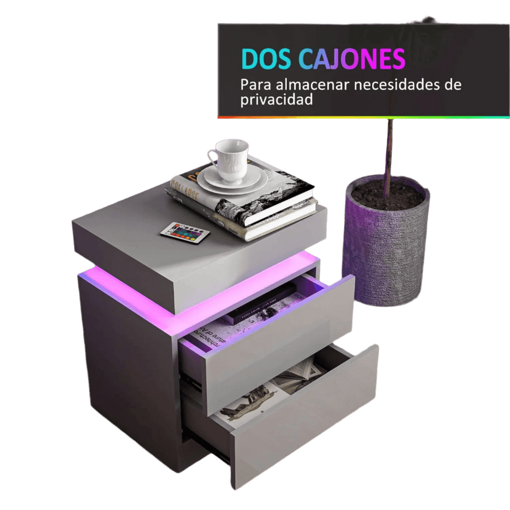 Mesita de Noche con Luces LED Mesilla de Noche con 2 Cajones - TKINGS