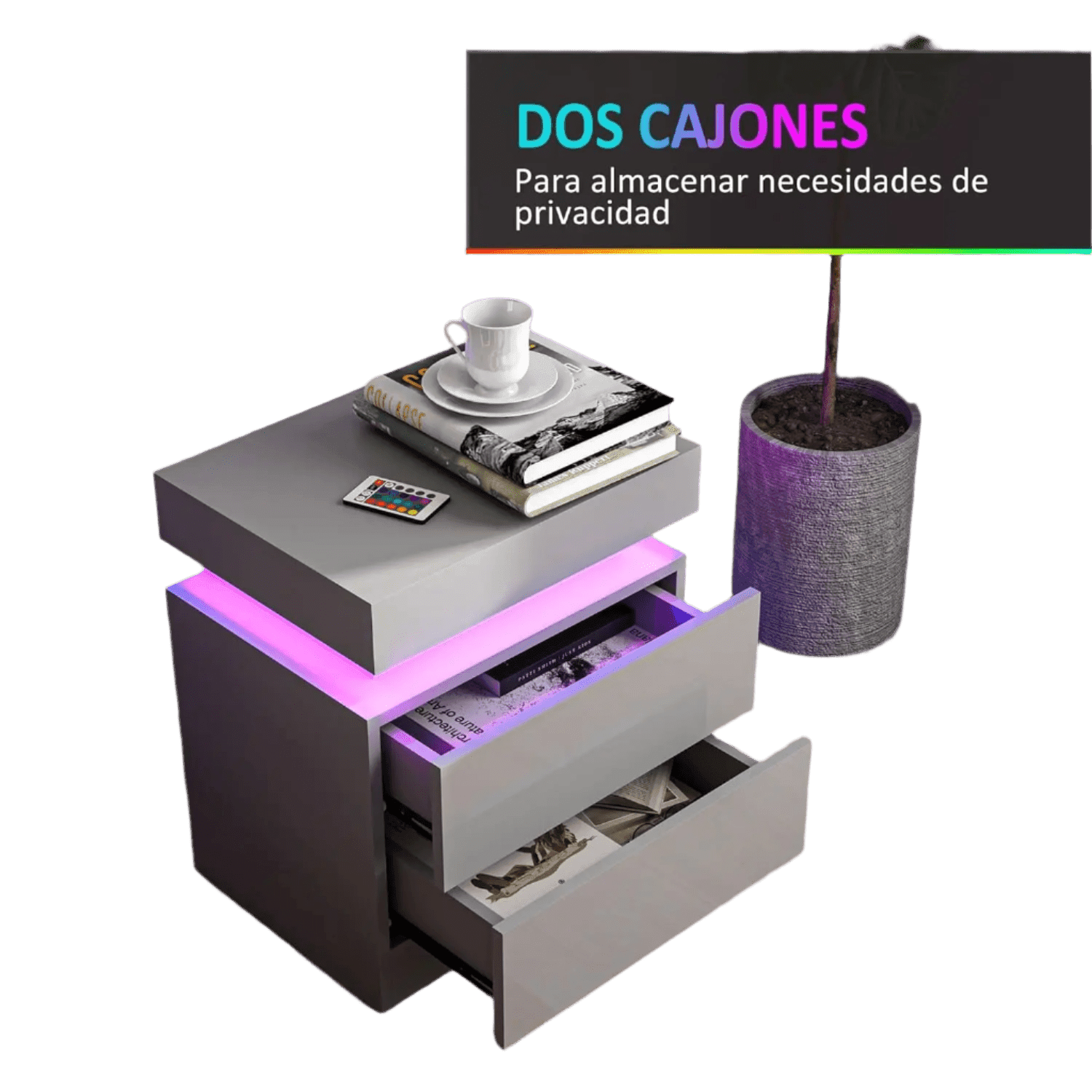 Mesita de Noche con Luces LED Mesilla de Noche con 2 Cajones - TKINGS