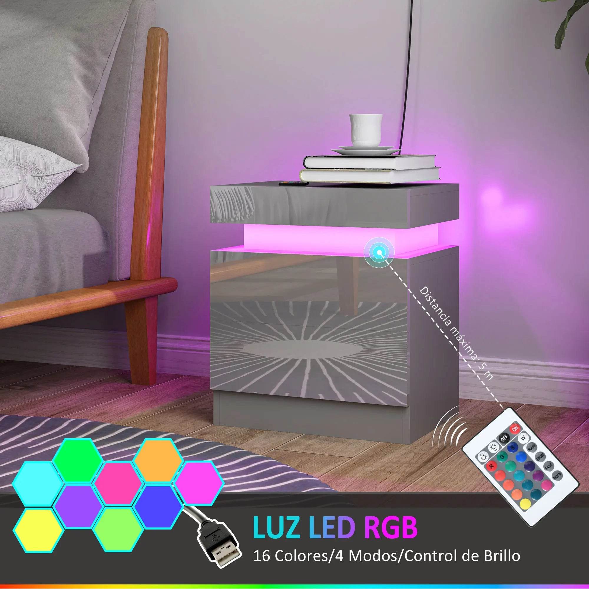Homcom Bedside Table with Led Lights 2 Drawers and Remote Control 45X35X52Cm - TKINGS