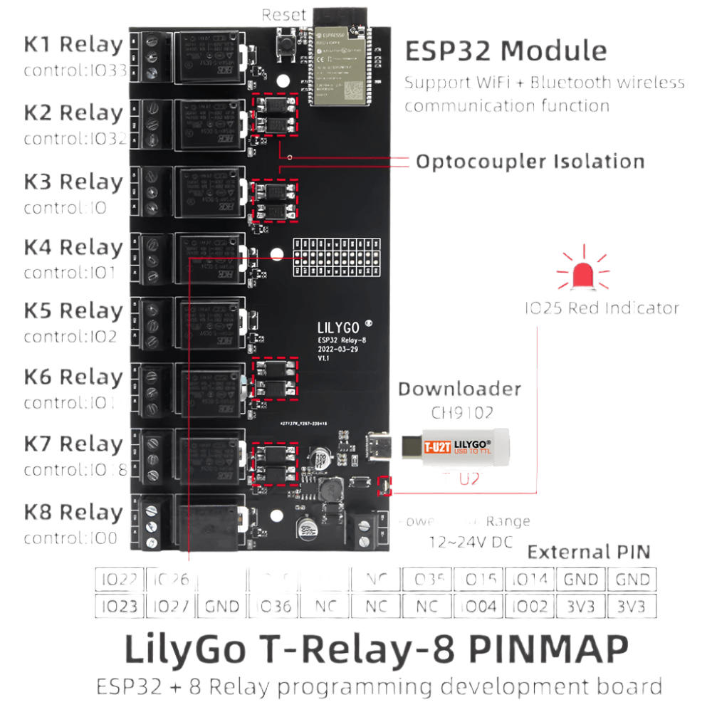 LILYGO® T-Relay 5V 8 Channel Relay Module ESP32 Wireless - TKINGS