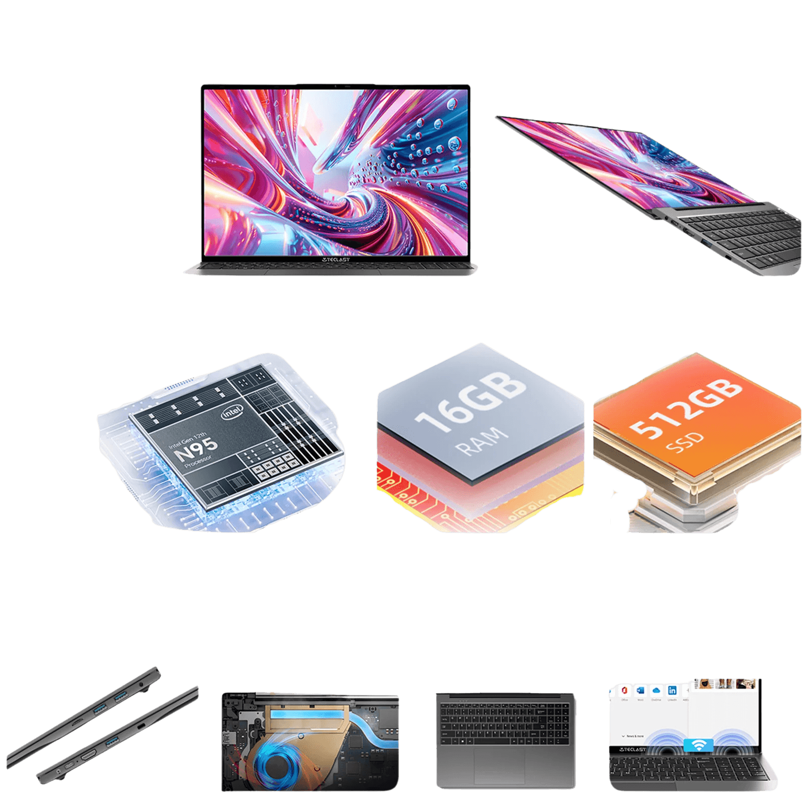 F16 Air 16'' Laptop Flip 180 degree, 16GB + 512GB, for Intel N95 CPU - TKINGS