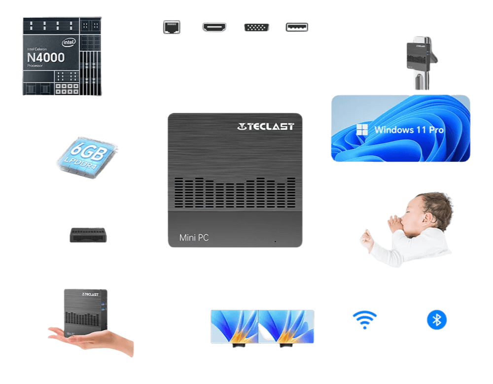 N10 Mini PC Intel N4000 Windows 11 Pro DDR4 6GB 128GB 4K - TKINGS