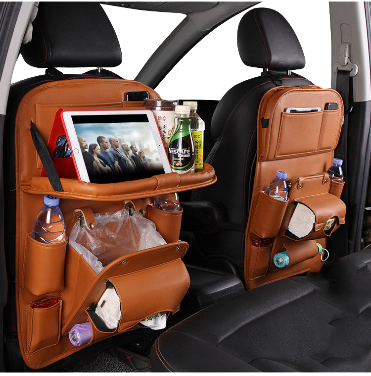 Leather Car Storage Bag Multifunction Seat Back Tray Hanging