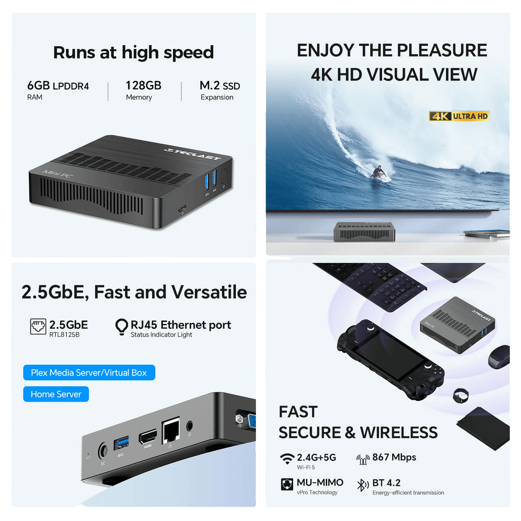 N10 Mini PC Intel N4000 Windows 11 Pro DDR4 6GB 128GB 4K - TKINGS