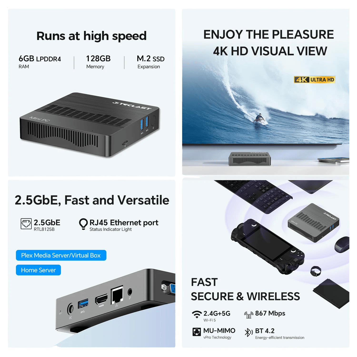 N10 Mini PC Intel N4000 Windows 11 Pro DDR4 6GB 128GB 4K - TKINGS