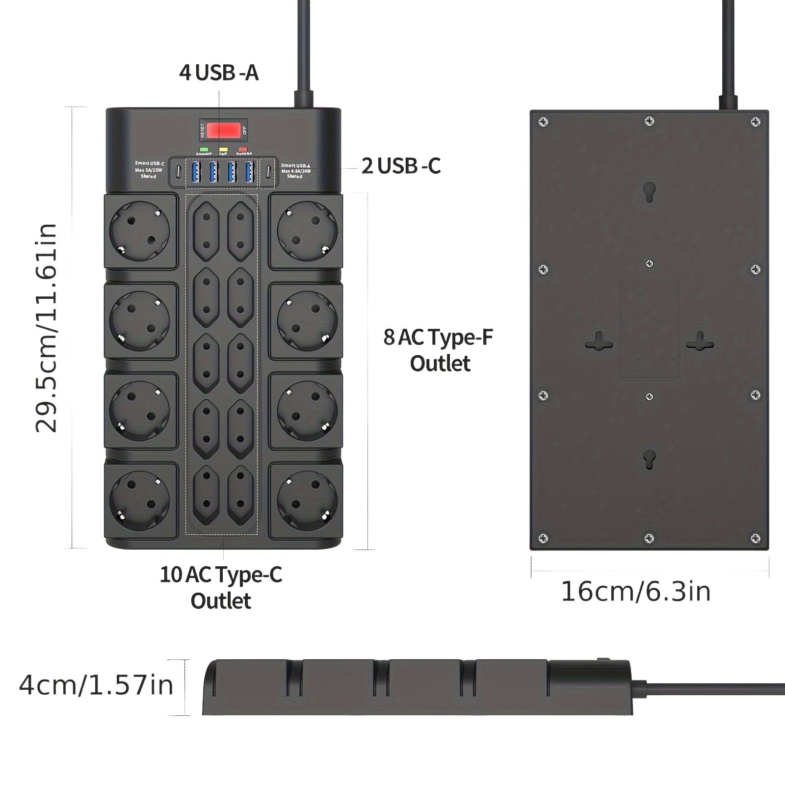 Image from Power Board 3680W/16A, Multiple Power Boards With 18 AC Sockets, 4 USB-A Ports, And 2 USB-C, Anti-theft Plug With Status Indicator Light And Overvoltage Protection 2M Cable - Copy