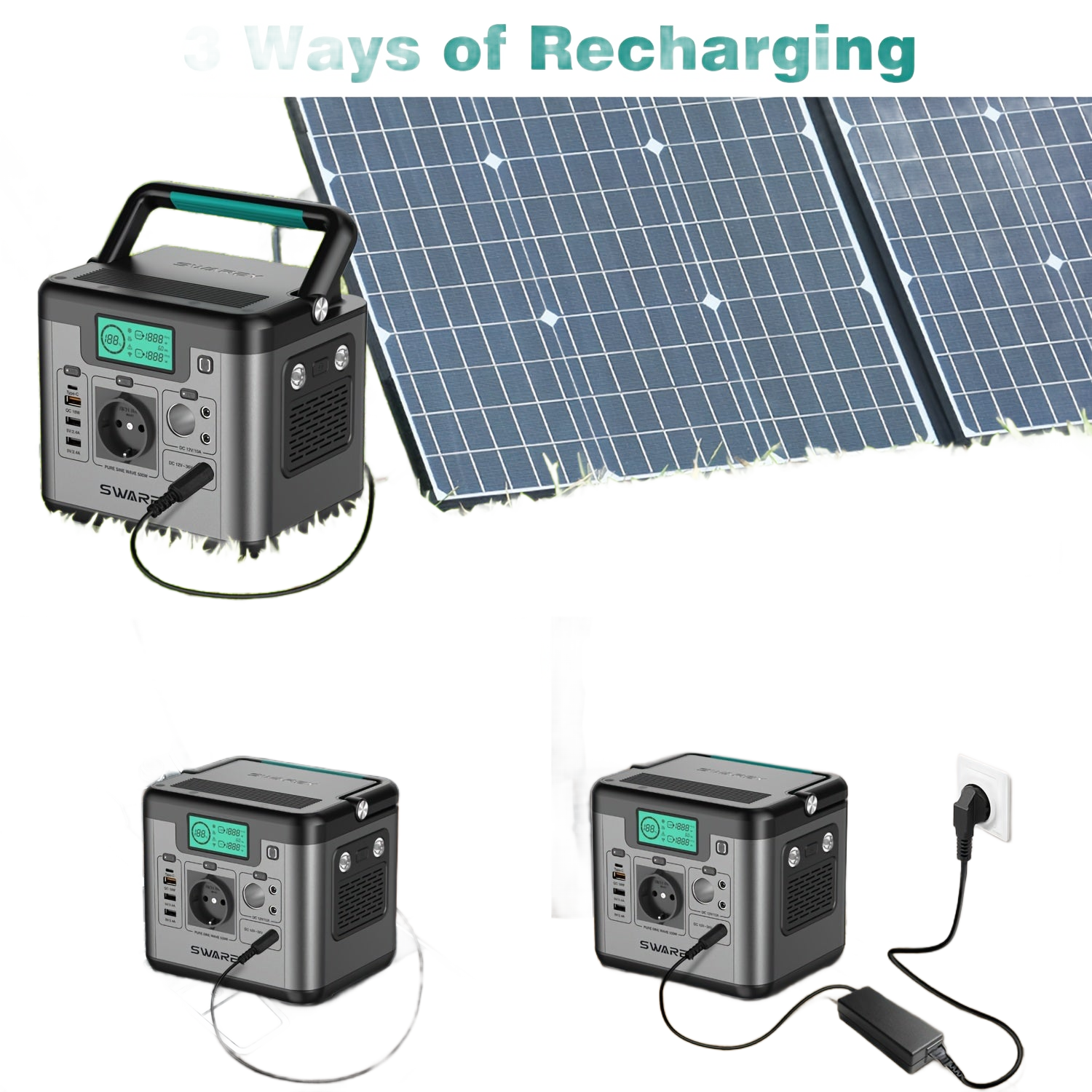 Image from SWAREY Portable Power Bank, Power Station 518 Wh, Solar Generator 500 W AC Output, 65 W USB-C Port, Power Generator Battery for Party, Travel, Camping, Motorhome, Emergency - Copy