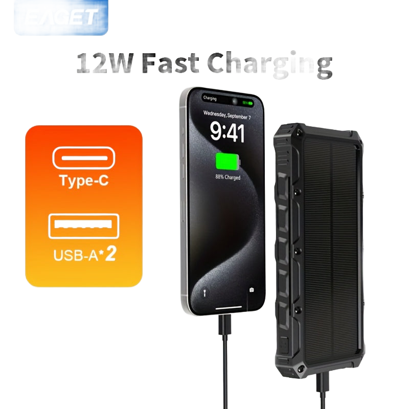 Image from EAGET 4-Foldable Solar Panels 8W High Conversion Efficiency 20000mAh Portable Power Bank with 3A Fast Charging, 2 USB Outputs & USB-C, Compatible with Smartphones, Tablets, Laptops for Outdoor Camping, Hiking, Travel, Solar P - Copy