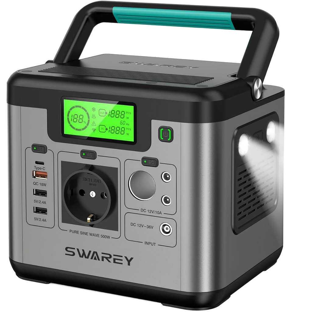 Image from SWAREY Portable Power Bank, Power Station 518 Wh, Solar Generator 500 W AC Output, 65 W USB-C Port, Power Generator Battery for Party, Travel, Camping, Motorhome, Emergency - Copy