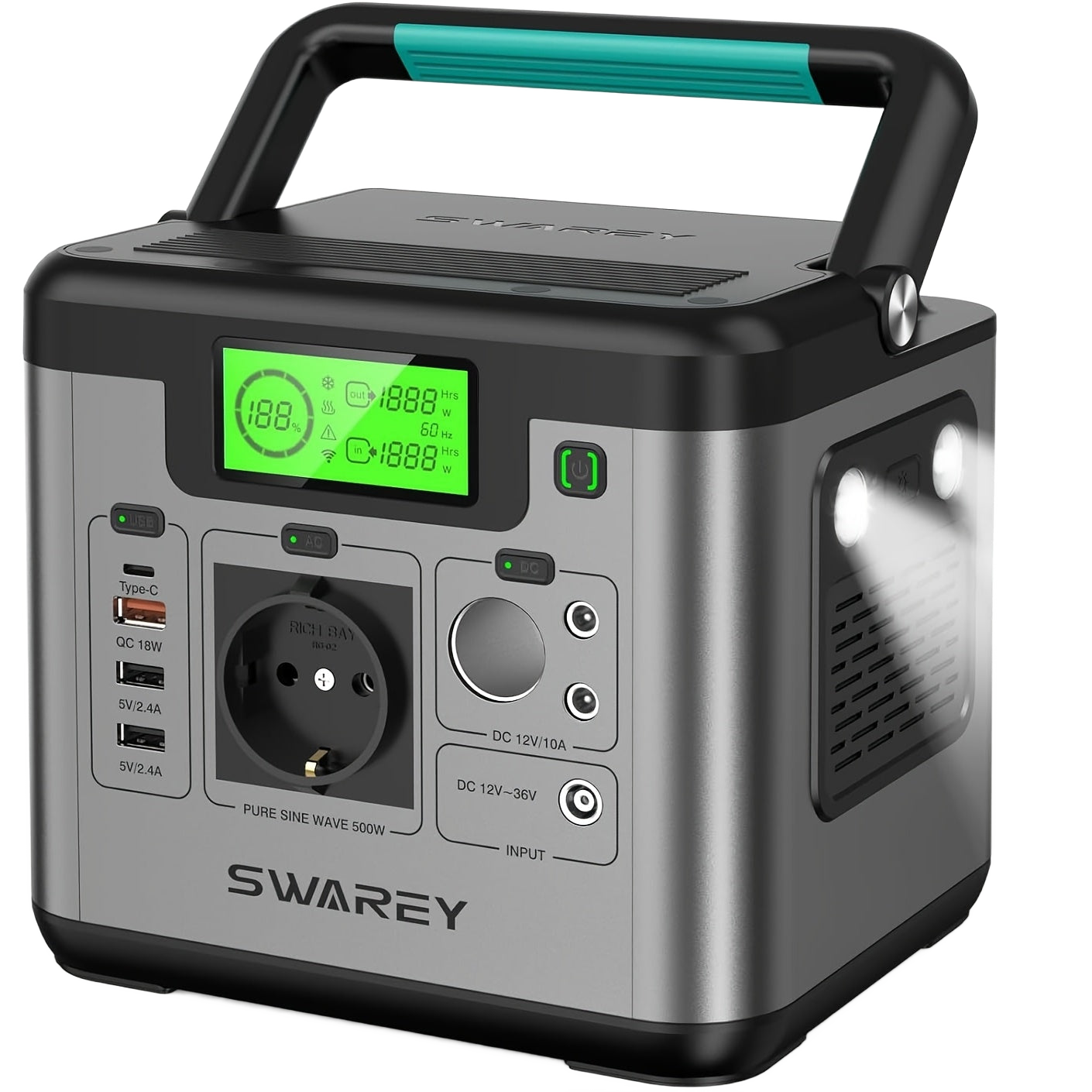 Image from SWAREY Portable Power Bank, Power Station 518 Wh, Solar Generator 500 W AC Output, 65 W USB-C Port, Power Generator Battery for Party, Travel, Camping, Motorhome, Emergency - Copy