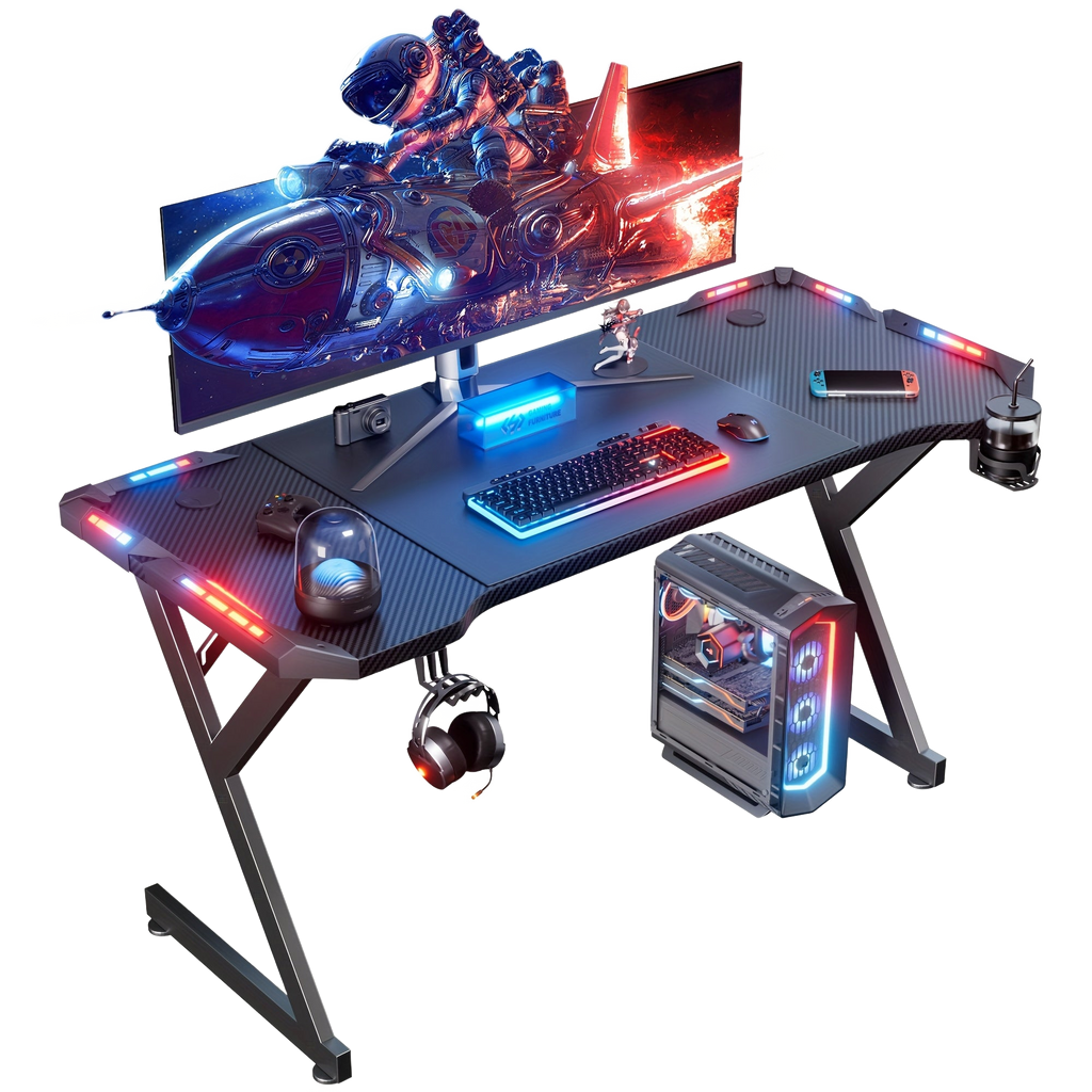 Image from LED Gaming Desk 120 x 60cm, Gaming Table with LED, Sturdy PC Table with Carbon Fibre Coating, Gamer Table with Cup Holder and Headphone Hook, Black - Copy