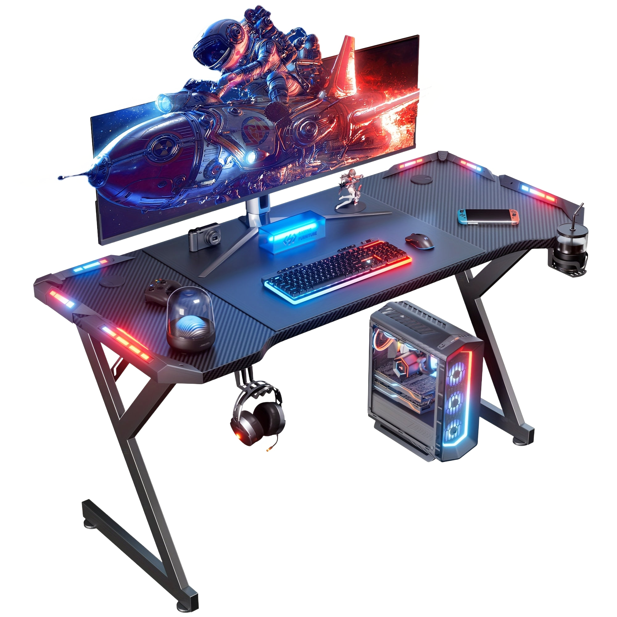 Image from LED Gaming Desk 120 x 60cm, Gaming Table with LED, Sturdy PC Table with Carbon Fibre Coating, Gamer Table with Cup Holder and Headphone Hook, Black - Copy
