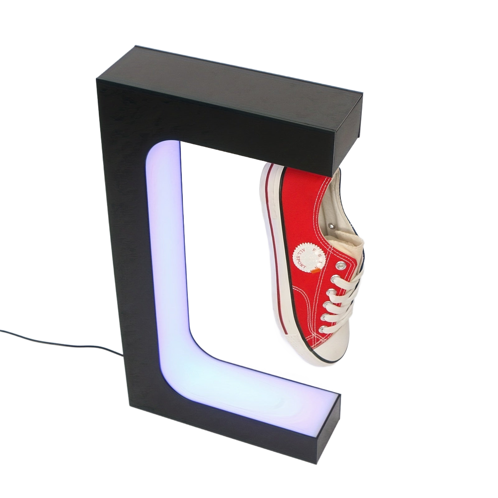 Image from Rontion Magnetic Levitation Shoe Display Stand | Classic Black Plastic with LED Lighting | Floating Sneaker Holder for Home Decor | 110-240V EU Plug | Modern European Design, Ambient Lighting | Modern Sneaker Display | Plasti - Copy