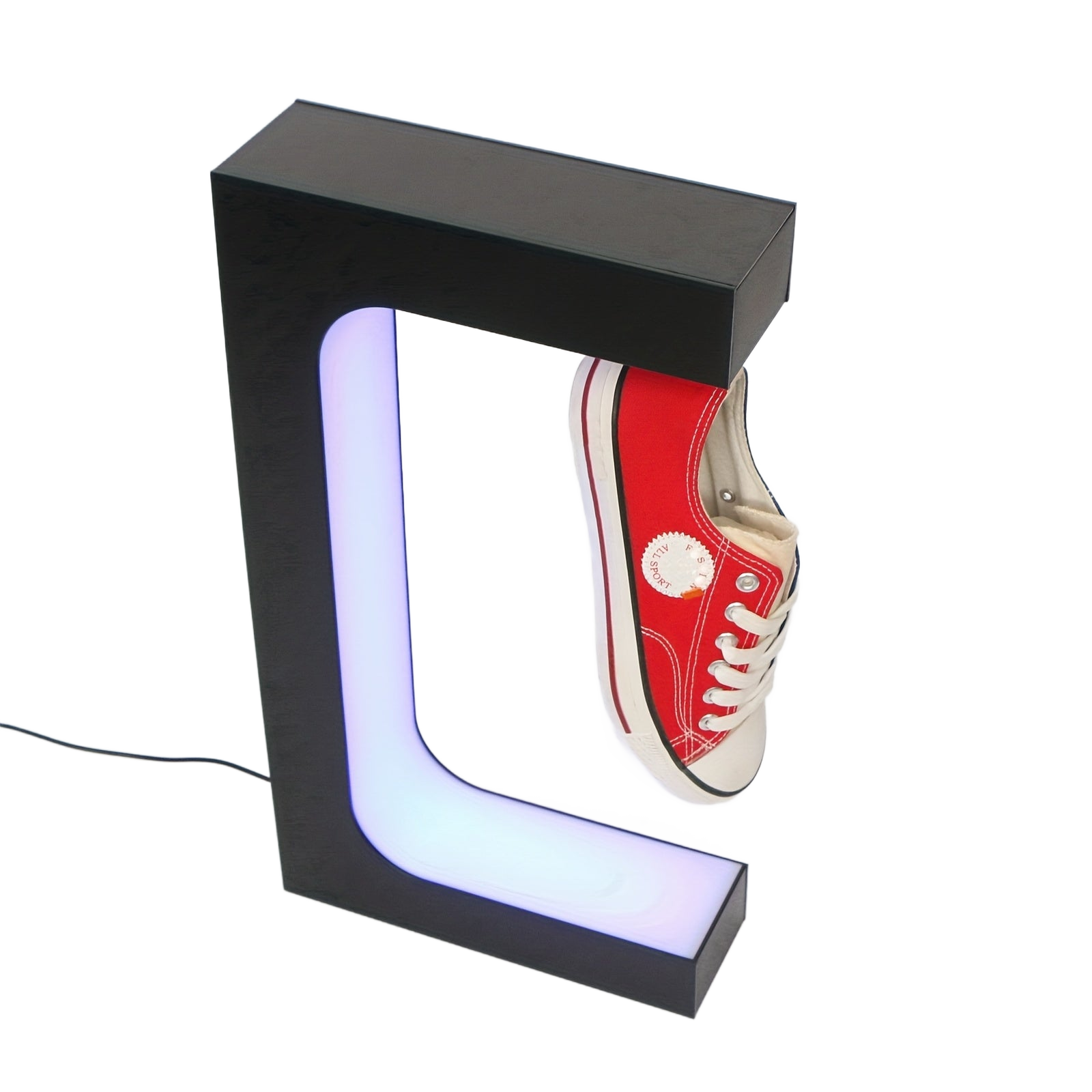 Image from Rontion Magnetic Levitation Shoe Display Stand | Classic Black Plastic with LED Lighting | Floating Sneaker Holder for Home Decor | 110-240V EU Plug | Modern European Design, Ambient Lighting | Modern Sneaker Display | Plasti - Copy