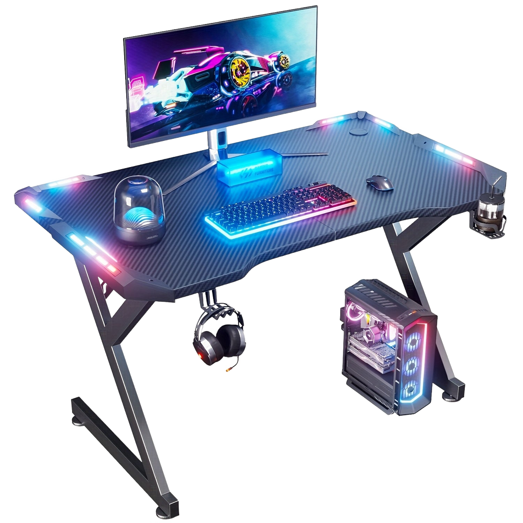 Image from LED Gaming Desk 120 x 60cm, Gaming Table with LED, Sturdy PC Table with Carbon Fibre Coating, Gamer Table with Cup Holder and Headphone Hook, Black - Copy
