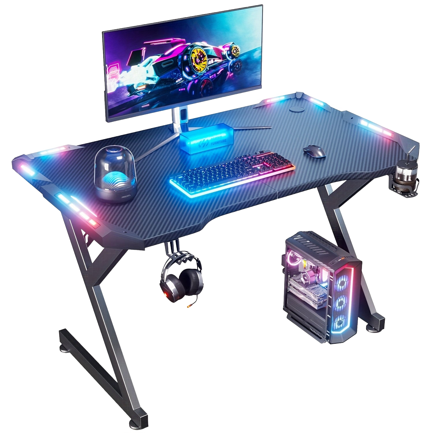 Image from LED Gaming Desk 120 x 60cm, Gaming Table with LED, Sturdy PC Table with Carbon Fibre Coating, Gamer Table with Cup Holder and Headphone Hook, Black - Copy