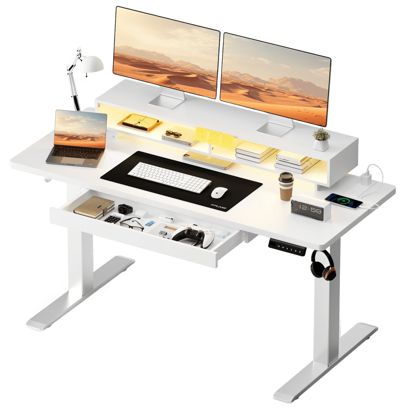 Adjustable Height Desk 120X60Cm Desk with Drawers And Monitor Stand - TKINGS