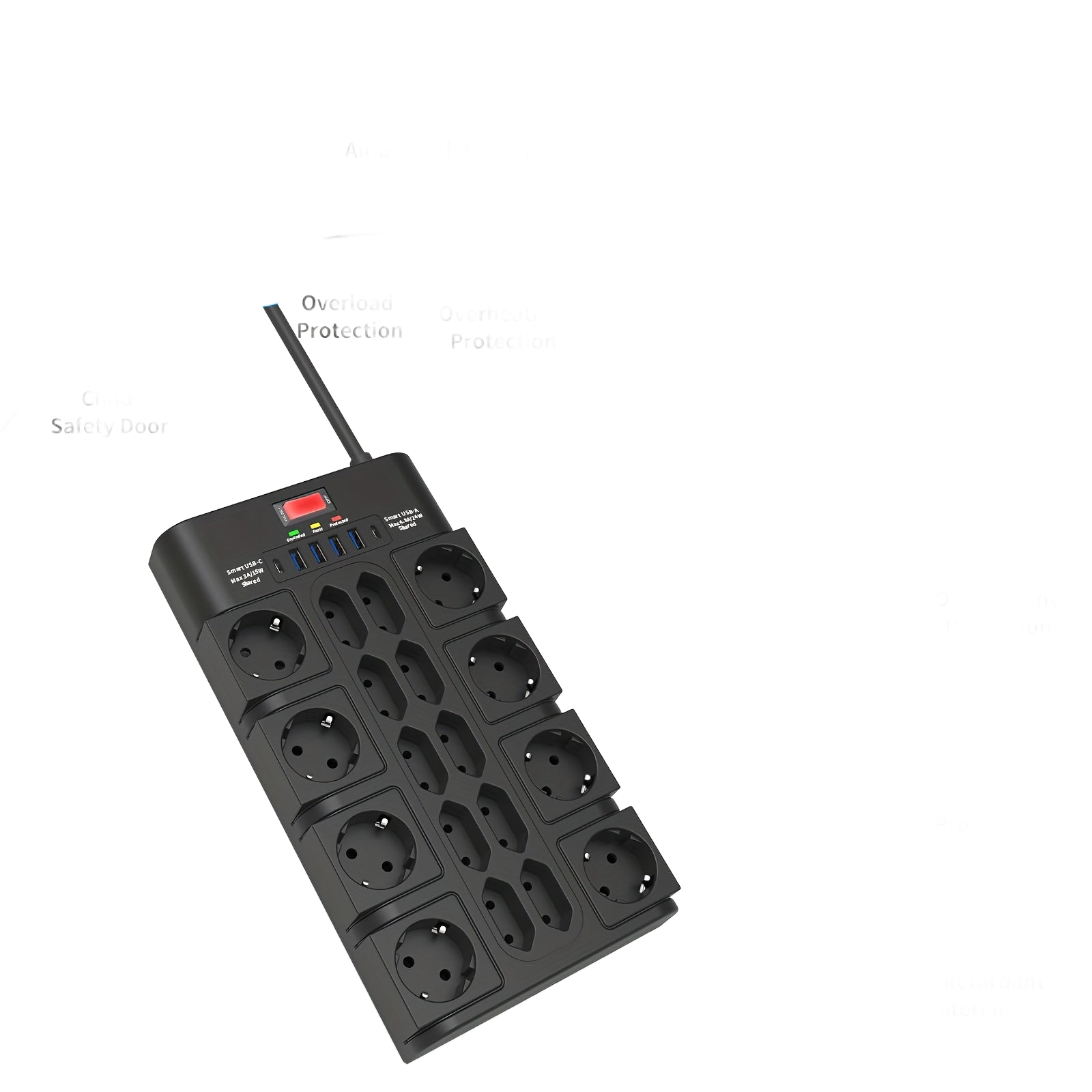 Image from Power Board 3680W/16A, Multiple Power Boards With 18 AC Sockets, 4 USB-A Ports, And 2 USB-C, Anti-theft Plug With Status Indicator Light And Overvoltage Protection 2M Cable - Copy