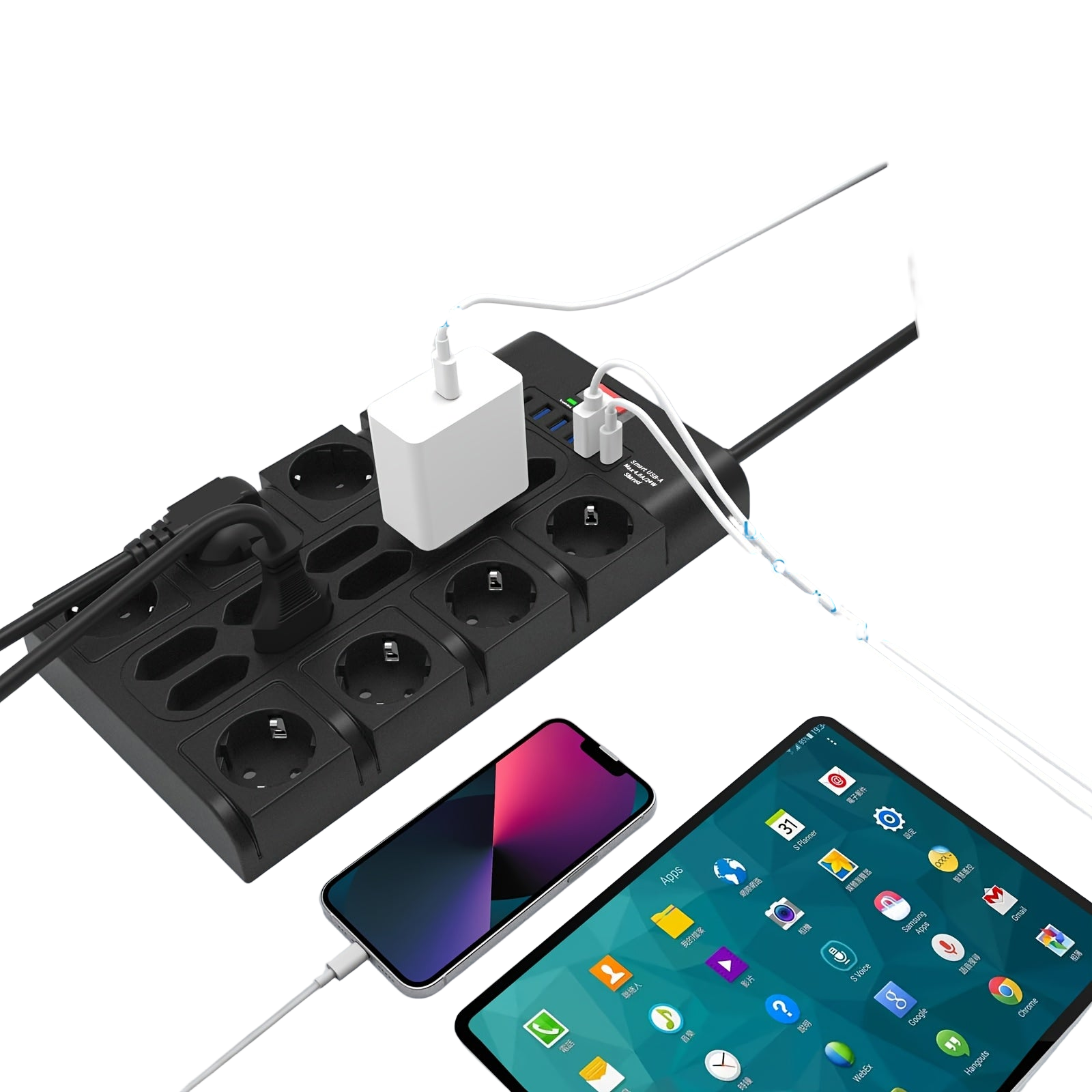 Image from Power Board 3680W/16A, Multiple Power Boards With 18 AC Sockets, 4 USB-A Ports, And 2 USB-C, Anti-theft Plug With Status Indicator Light And Overvoltage Protection 2M Cable - Copy