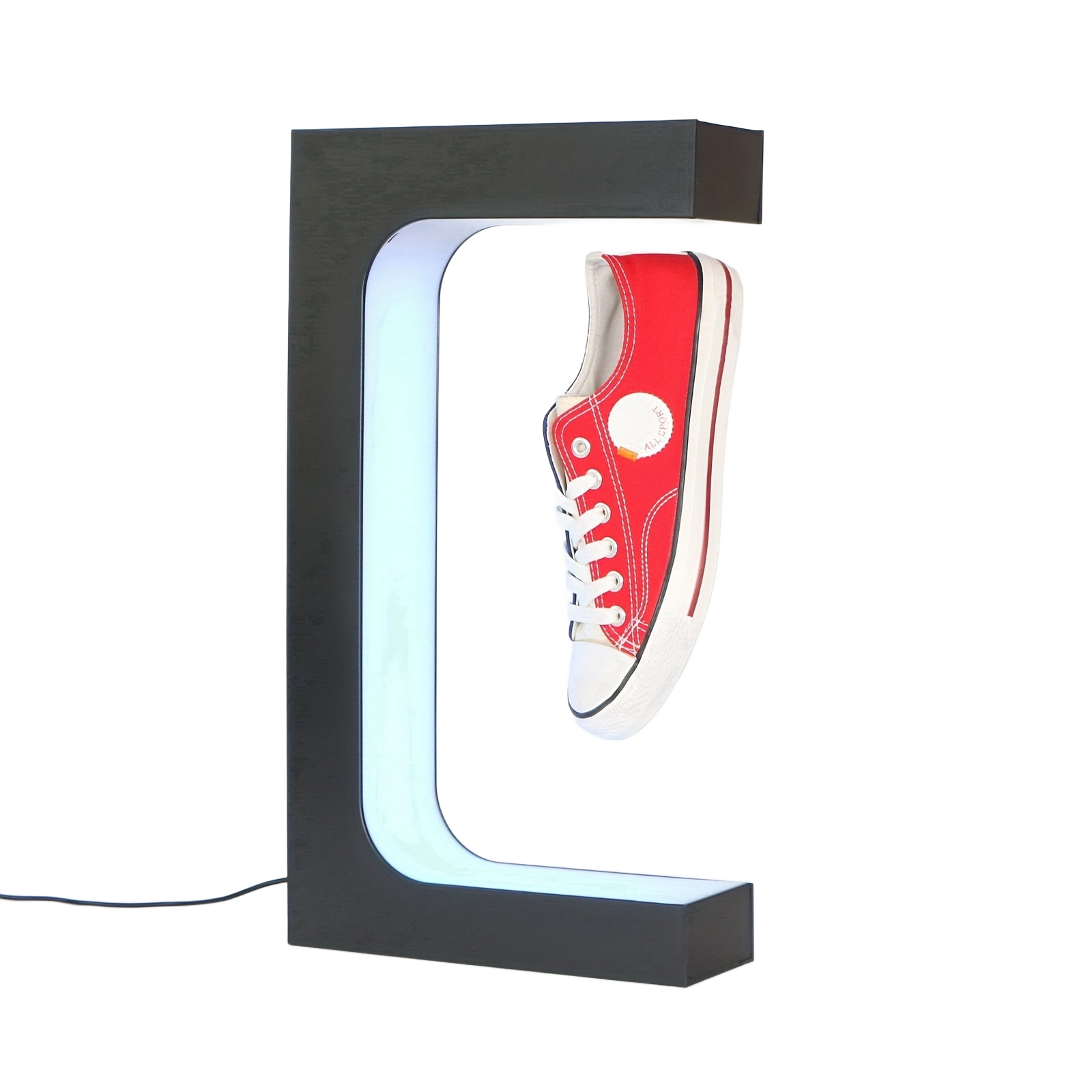 Image from Rontion Magnetic Levitation Shoe Display Stand | Classic Black Plastic with LED Lighting | Floating Sneaker Holder for Home Decor | 110-240V EU Plug | Modern European Design, Ambient Lighting | Modern Sneaker Display | Plasti - Copy