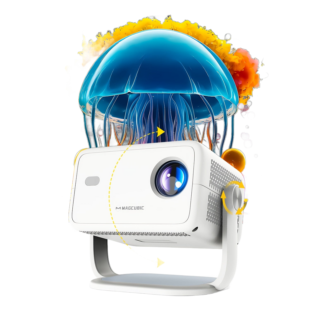 Image from Magcubic L018 Portable Projector with Voice Assistant, 1080P HD, 650 ANSI Lumens, 1.2:1 Projection Ratio, 360° Removable, 1080P Native Resolution, Android 11, EU Plug, White, Projector for Home Theater, Office Presentation, - Copy