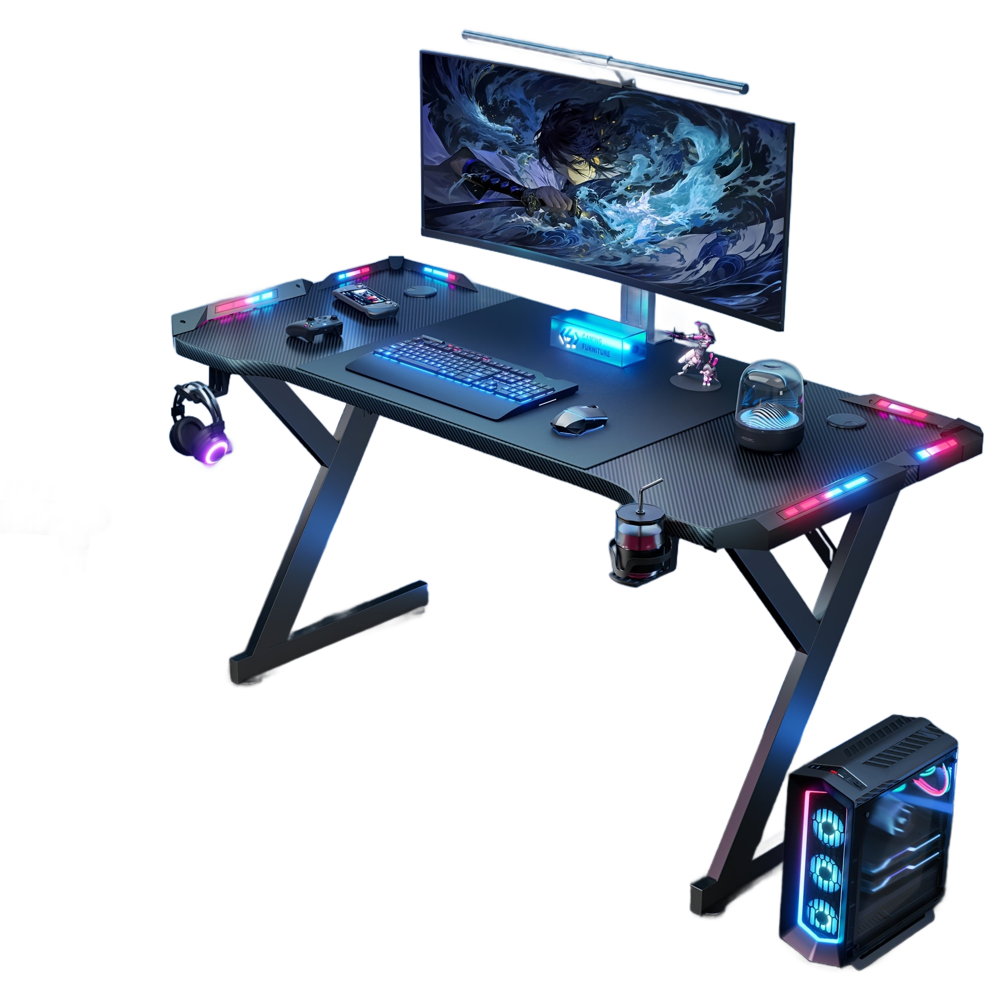 Image from LED Gaming Desk 120 x 60cm, Gaming Table with LED, Sturdy PC Table with Carbon Fibre Coating, Gamer Table with Cup Holder and Headphone Hook, Black - Copy