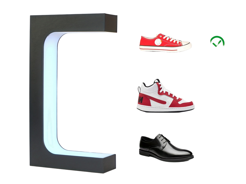 Image from Rontion Magnetic Levitation Shoe Display Stand | Classic Black Plastic with LED Lighting | Floating Sneaker Holder for Home Decor | 110-240V EU Plug | Modern European Design, Ambient Lighting | Modern Sneaker Display | Plasti - Copy