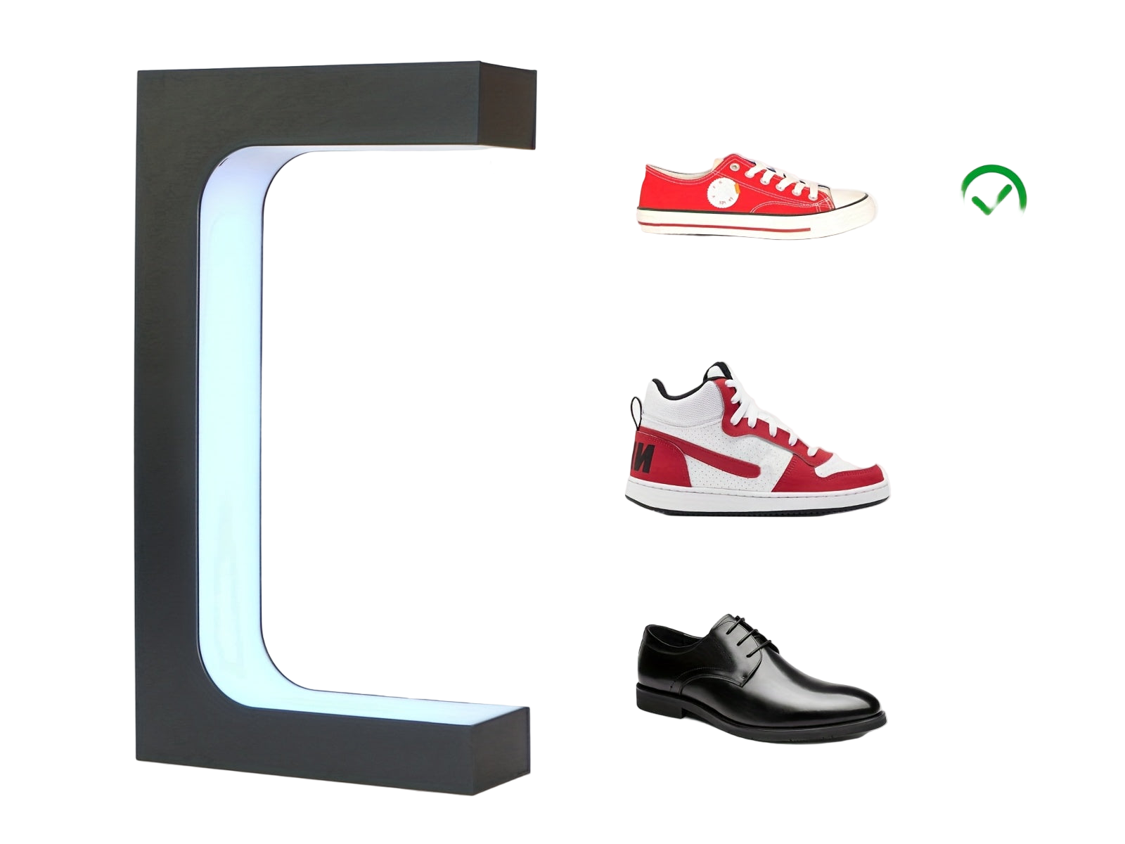 Image from Rontion Magnetic Levitation Shoe Display Stand | Classic Black Plastic with LED Lighting | Floating Sneaker Holder for Home Decor | 110-240V EU Plug | Modern European Design, Ambient Lighting | Modern Sneaker Display | Plasti - Copy