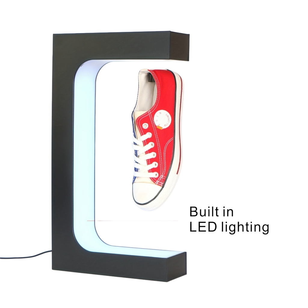 Image from Rontion Magnetic Levitation Shoe Display Stand | Classic Black Plastic with LED Lighting | Floating Sneaker Holder for Home Decor | 110-240V EU Plug | Modern European Design, Ambient Lighting | Modern Sneaker Display | Plasti - Copy