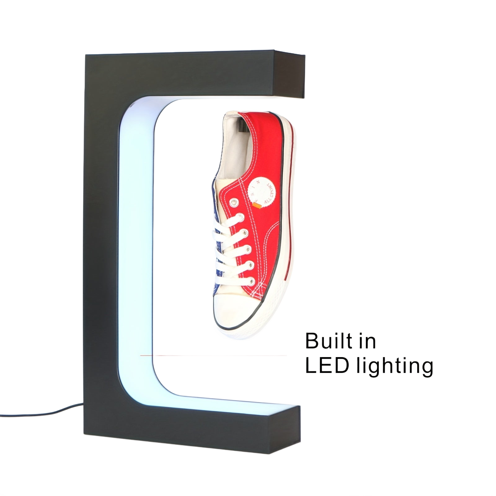 Image from Rontion Magnetic Levitation Shoe Display Stand | Classic Black Plastic with LED Lighting | Floating Sneaker Holder for Home Decor | 110-240V EU Plug | Modern European Design, Ambient Lighting | Modern Sneaker Display | Plasti - Copy