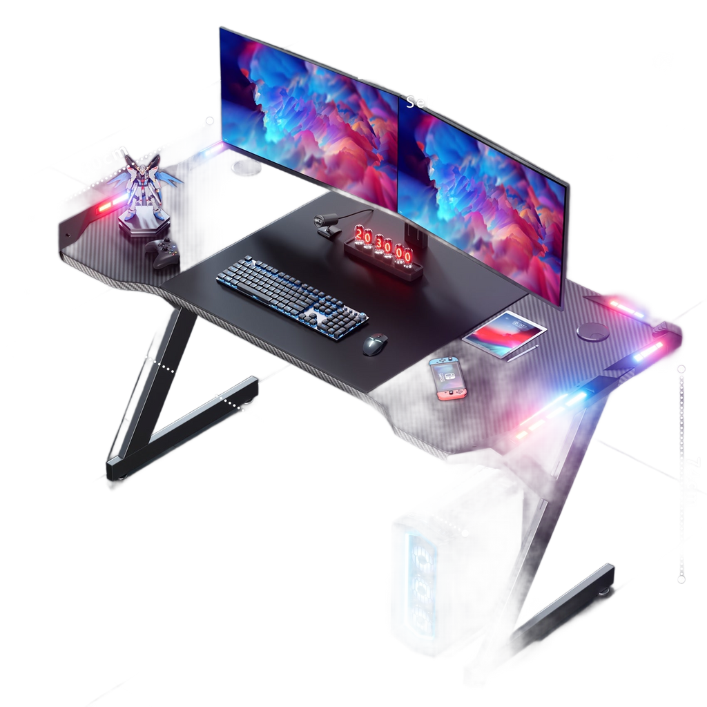 Image from LED Gaming Desk 120 x 60cm, Gaming Table with LED, Sturdy PC Table with Carbon Fibre Coating, Gamer Table with Cup Holder and Headphone Hook, Black - Copy