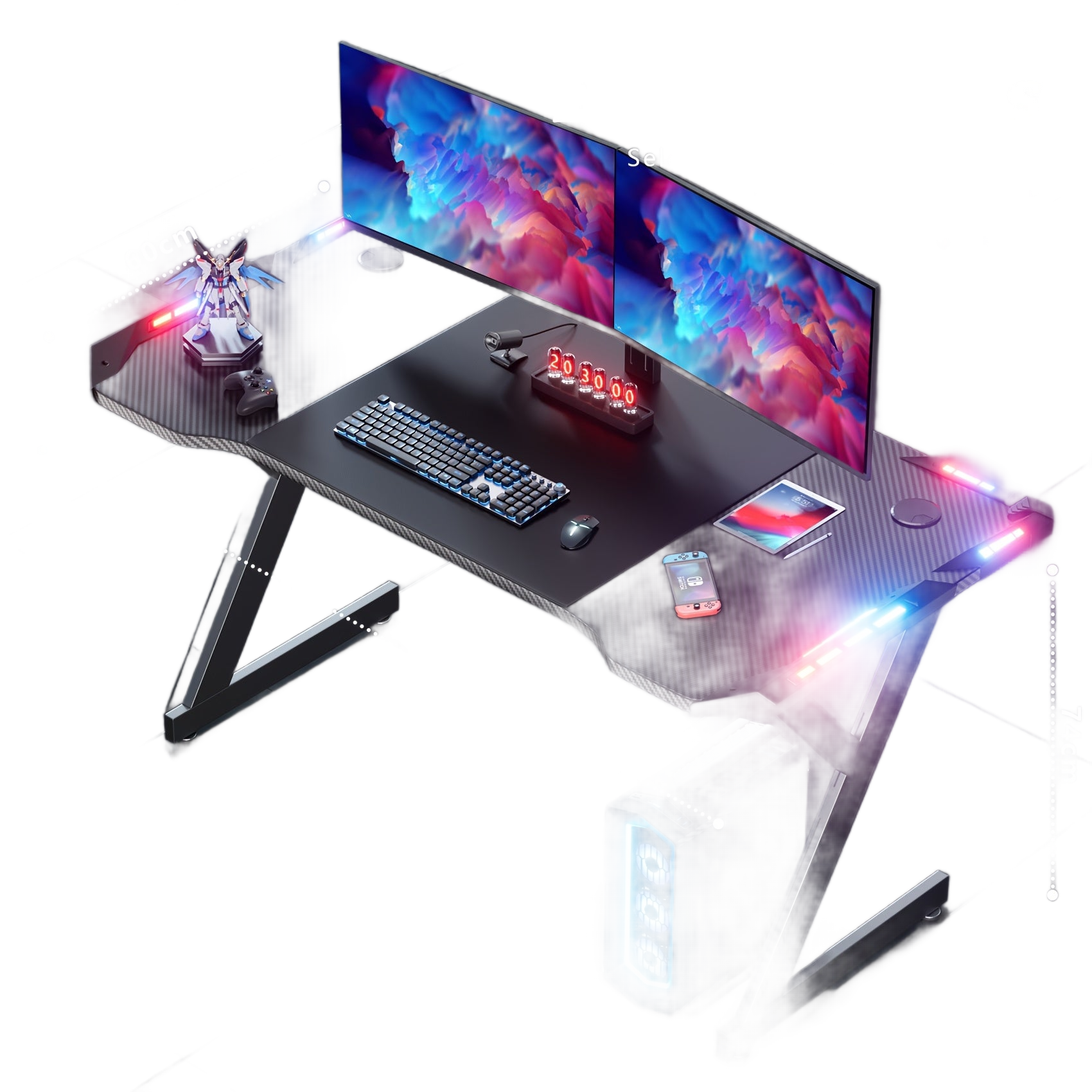 Image from LED Gaming Desk 120 x 60cm, Gaming Table with LED, Sturdy PC Table with Carbon Fibre Coating, Gamer Table with Cup Holder and Headphone Hook, Black - Copy