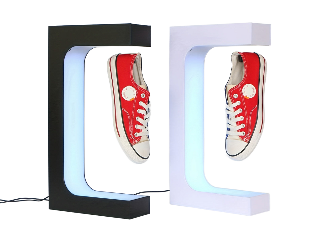 Image from Rontion Magnetic Levitation Shoe Display Stand | Classic Black Plastic with LED Lighting | Floating Sneaker Holder for Home Decor | 110-240V EU Plug | Modern European Design, Ambient Lighting | Modern Sneaker Display | Plasti - Copy