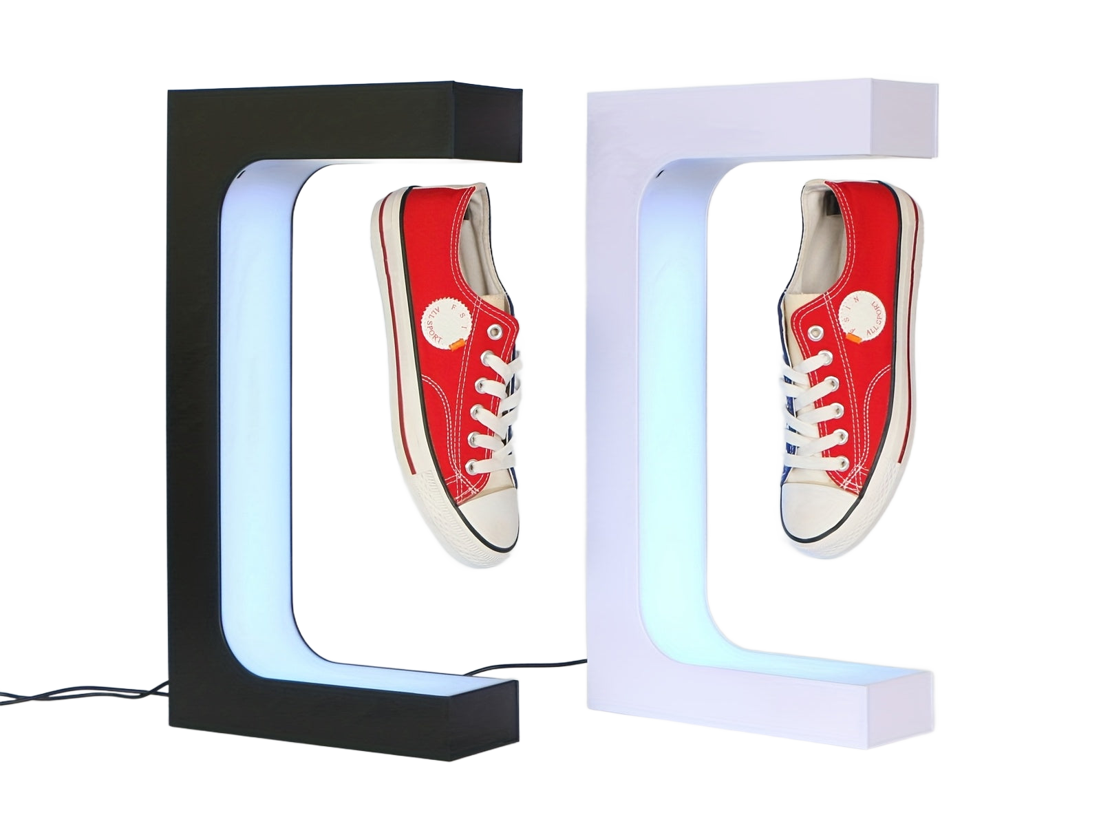 Image from Rontion Magnetic Levitation Shoe Display Stand | Classic Black Plastic with LED Lighting | Floating Sneaker Holder for Home Decor | 110-240V EU Plug | Modern European Design, Ambient Lighting | Modern Sneaker Display | Plasti - Copy