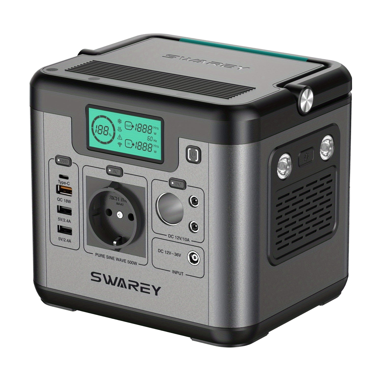 Image from SWAREY Portable Power Bank, Power Station 518 Wh, Solar Generator 500 W AC Output, 65 W USB-C Port, Power Generator Battery for Party, Travel, Camping, Motorhome, Emergency - Copy
