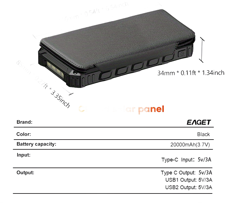 Image from EAGET 4-Foldable Solar Panels 8W High Conversion Efficiency 20000mAh Portable Power Bank with 3A Fast Charging, 2 USB Outputs & USB-C, Compatible with Smartphones, Tablets, Laptops for Outdoor Camping, Hiking, Travel, Solar P - Copy