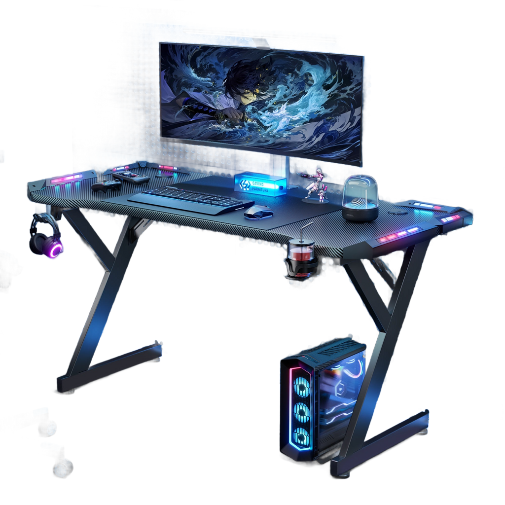Image from LED Gaming Desk 120 x 60cm, Gaming Table with LED, Sturdy PC Table with Carbon Fibre Coating, Gamer Table with Cup Holder and Headphone Hook, Black - Copy