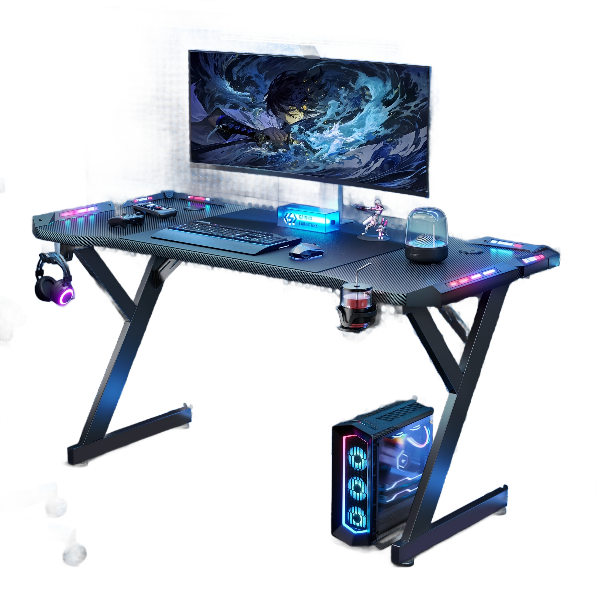 Image from LED Gaming Desk 120 x 60cm, Gaming Table with LED, Sturdy PC Table with Carbon Fibre Coating, Gamer Table with Cup Holder and Headphone Hook, Black - Copy