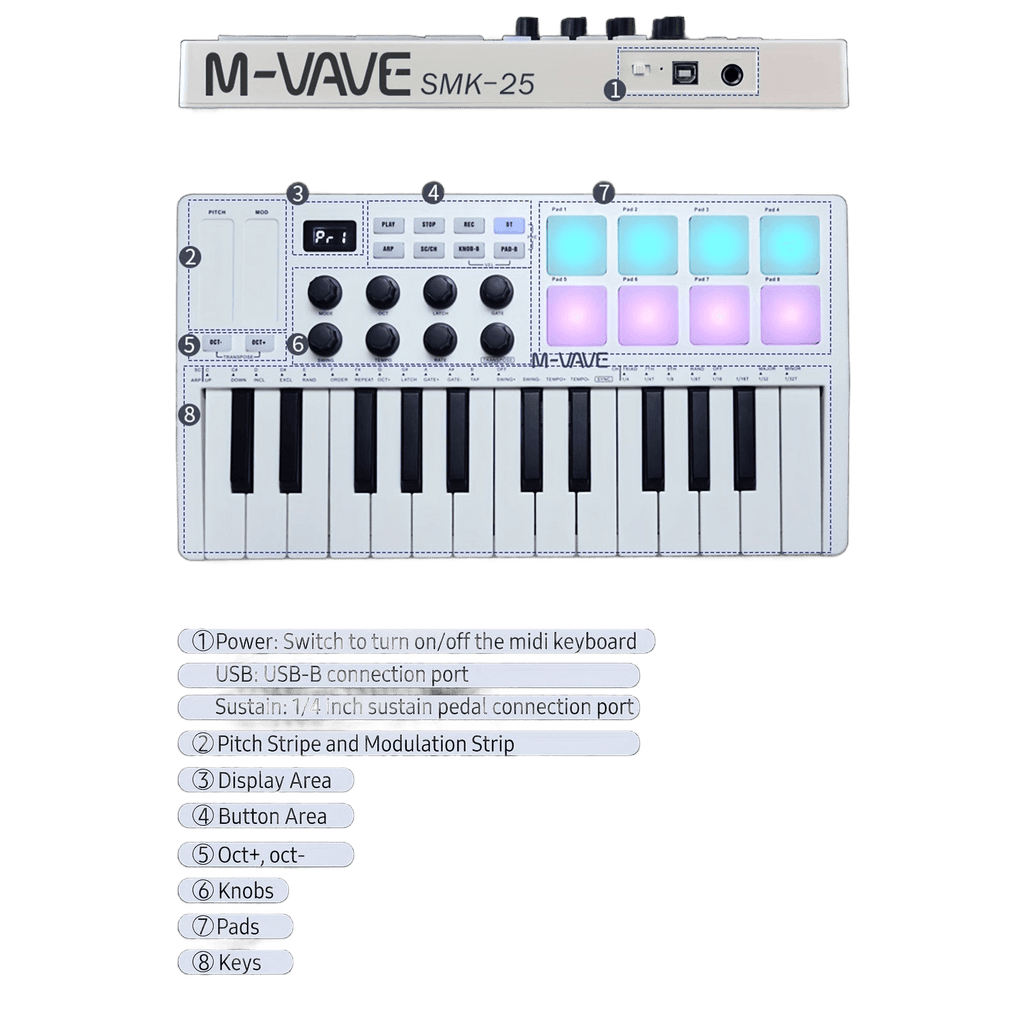 MIDI Control Keyboard Mini Portable USB Controller with 25 Velocity Keys - TKINGS