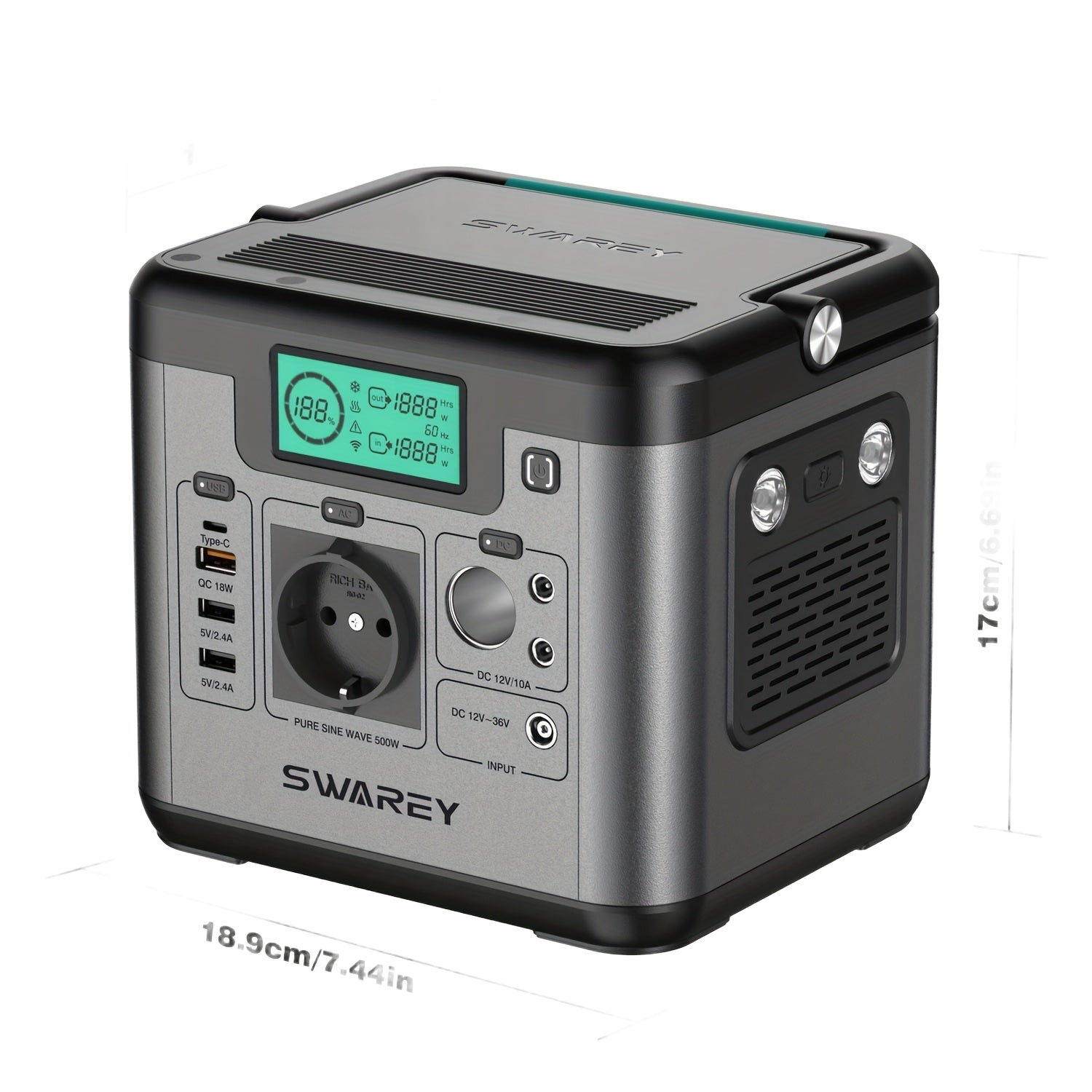 Image from SWAREY Portable Power Bank, Power Station 518 Wh, Solar Generator 500 W AC Output, 65 W USB-C Port, Power Generator Battery for Party, Travel, Camping, Motorhome, Emergency - Copy