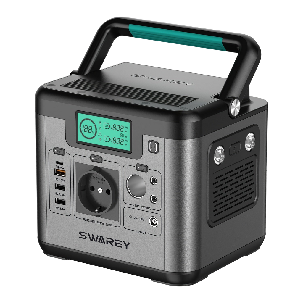 Image from SWAREY Portable Power Bank, Power Station 518 Wh, Solar Generator 500 W AC Output, 65 W USB-C Port, Power Generator Battery for Party, Travel, Camping, Motorhome, Emergency - Copy
